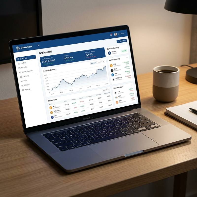 Druveth-Plattform — Trading-Oberfläche mit KI-Assistent, Echtzeit-Charts und Portfolioübersicht auf einem Laptop