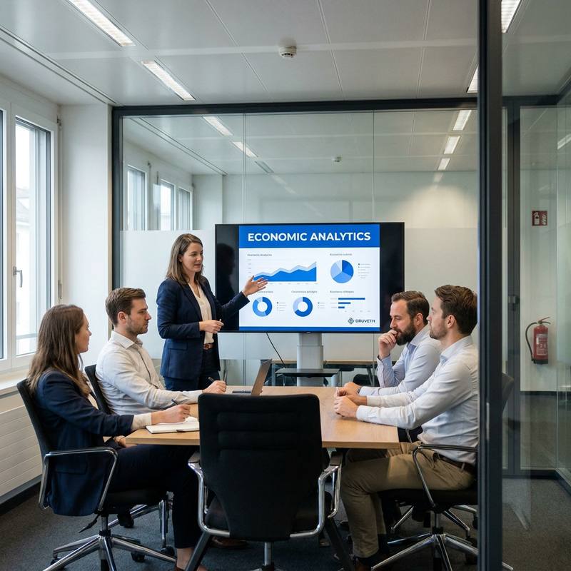 Druveth-Team — fünf Fachleute im Austausch in einem modernen Konferenzraum